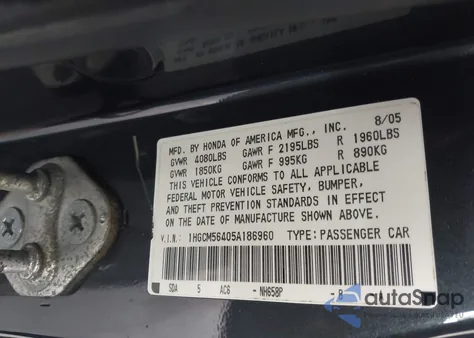 2005 Honda Accord 2.4 Lx из США, поврежденный, VIN 1HGCM56405A186960